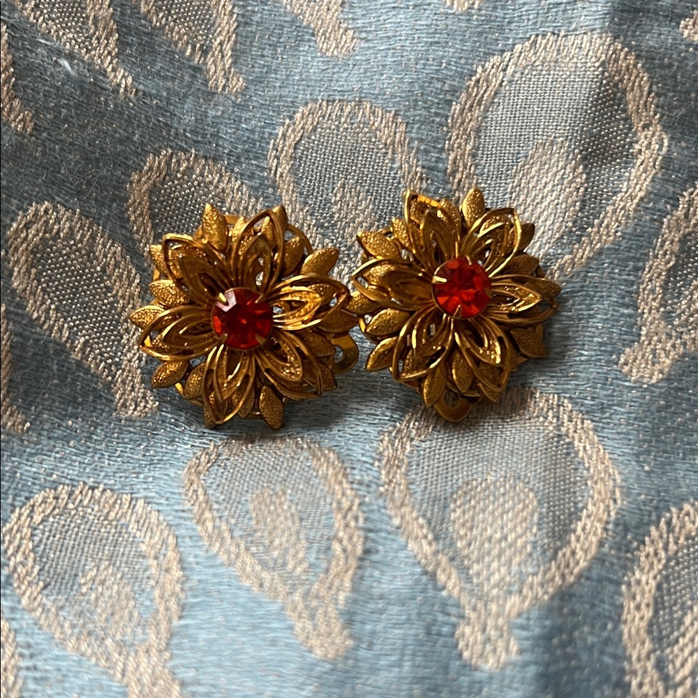 Lisner Gold Floral Clip-On Earrings with Orange Crystal Center